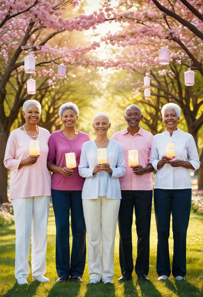 A serene and uplifting scene depicting a diverse group of cancer survivors standing together, each holding symbols of hope such as flowers, ribbons, or glowing lanterns. The background features a sunlit park with blooming trees and warm sunlight filtering through, symbolizing renewal and strength. Incorporate uplifting colors and a positive ambiance to reflect empowerment and support for cancer patients. super-realistic. vibrant colors. soft focus.