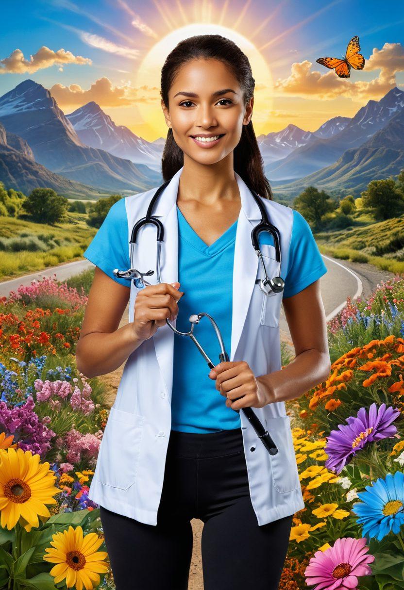 A strong, determined individual holding a variety of health tools like a stethoscope, vitamins, and fitness gear, surrounded by symbols of hope such as sunlight and blooming flowers. In the background, a road winding through a landscape symbolizing the journey from treatment to triumph. The image is uplifting and colorful, showcasing resilience and victory. vibrant colors. super-realistic.