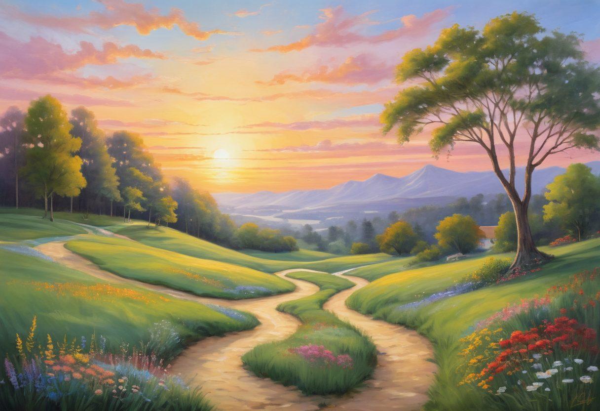 A serene landscape featuring a peaceful sunrise, symbolizing hope and renewal, with a winding path leading to a wellness center. Include symbols of health like an open journal, a cup of herbal tea, and supportive figures embracing recovery. Soft, calming color palette with gentle brushstrokes to evoke tranquility. Painting. vibrant colors.